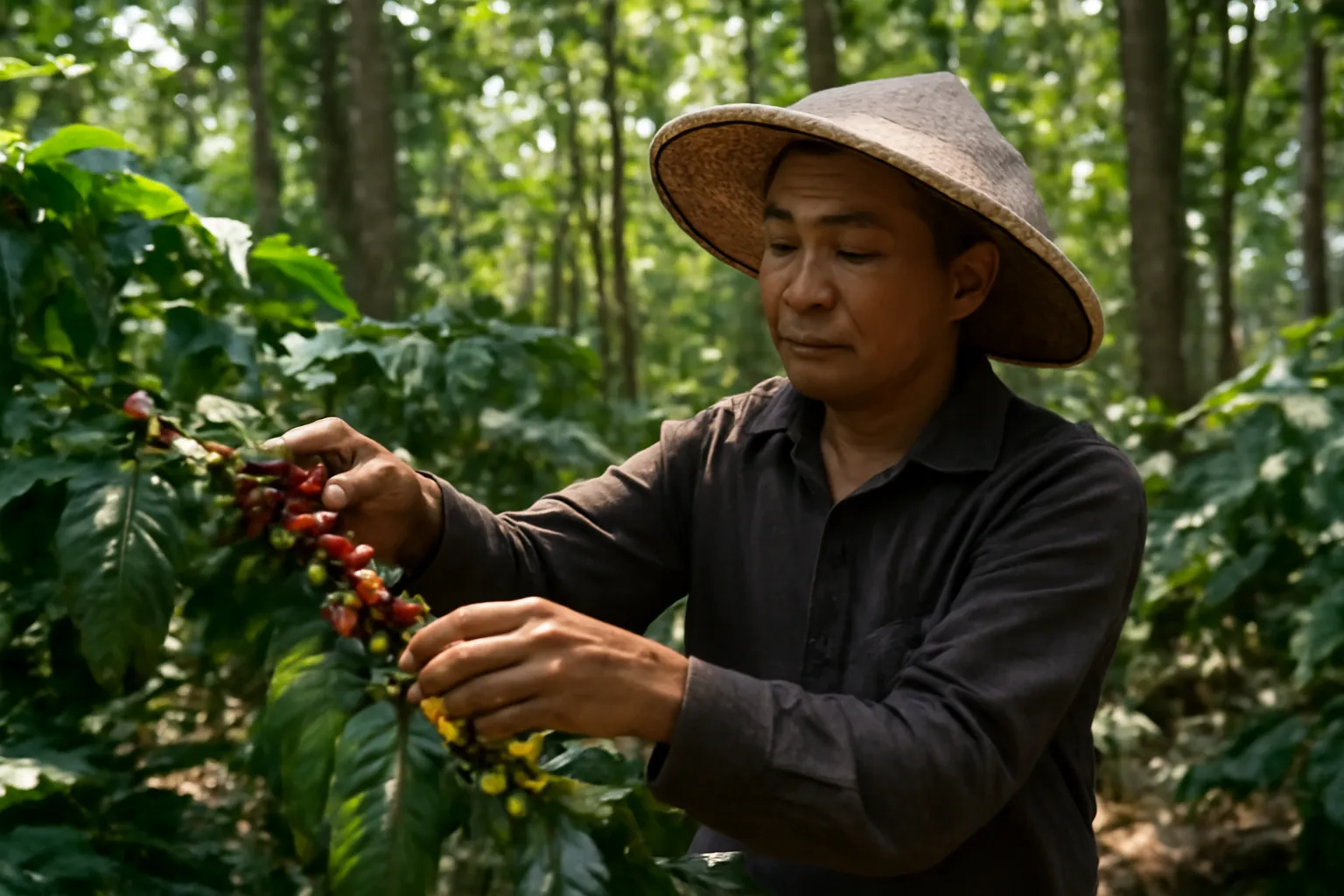 Nông dân hái cà phê dưới tán cây che bóng có nắng xuyên qua lá
