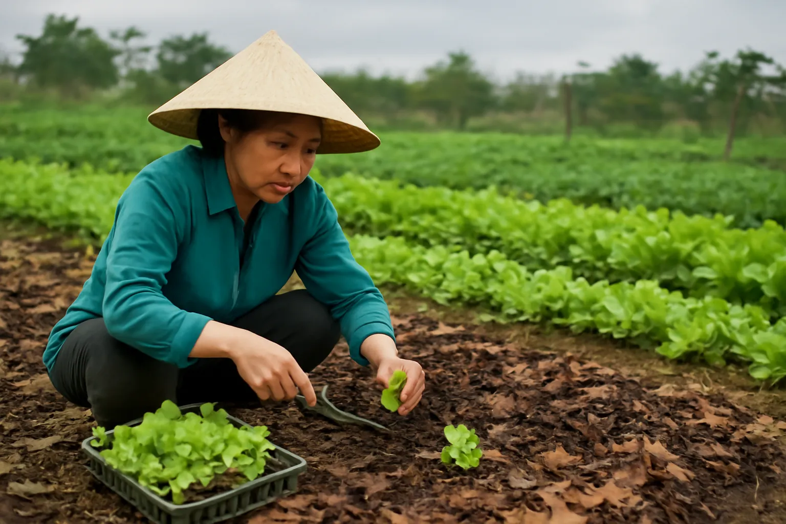 Luống rau cố định phủ lá, người trồng cây con bằng xẻng nhỏ