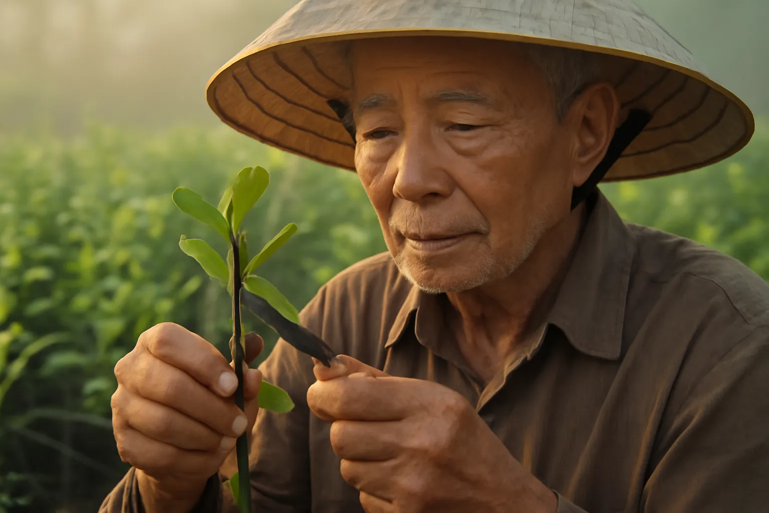 Cụ ông dùng dao ghép mắt trên cây bưởi con trong vườn ươm