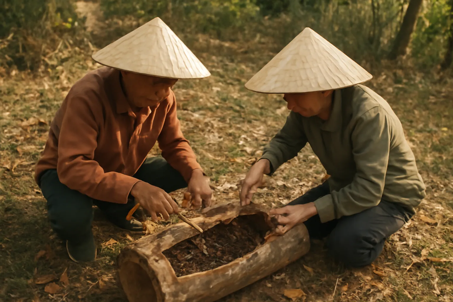 Hai người bổ đôi khúc gỗ có tổ ong dú bên trong ở bìa rừng