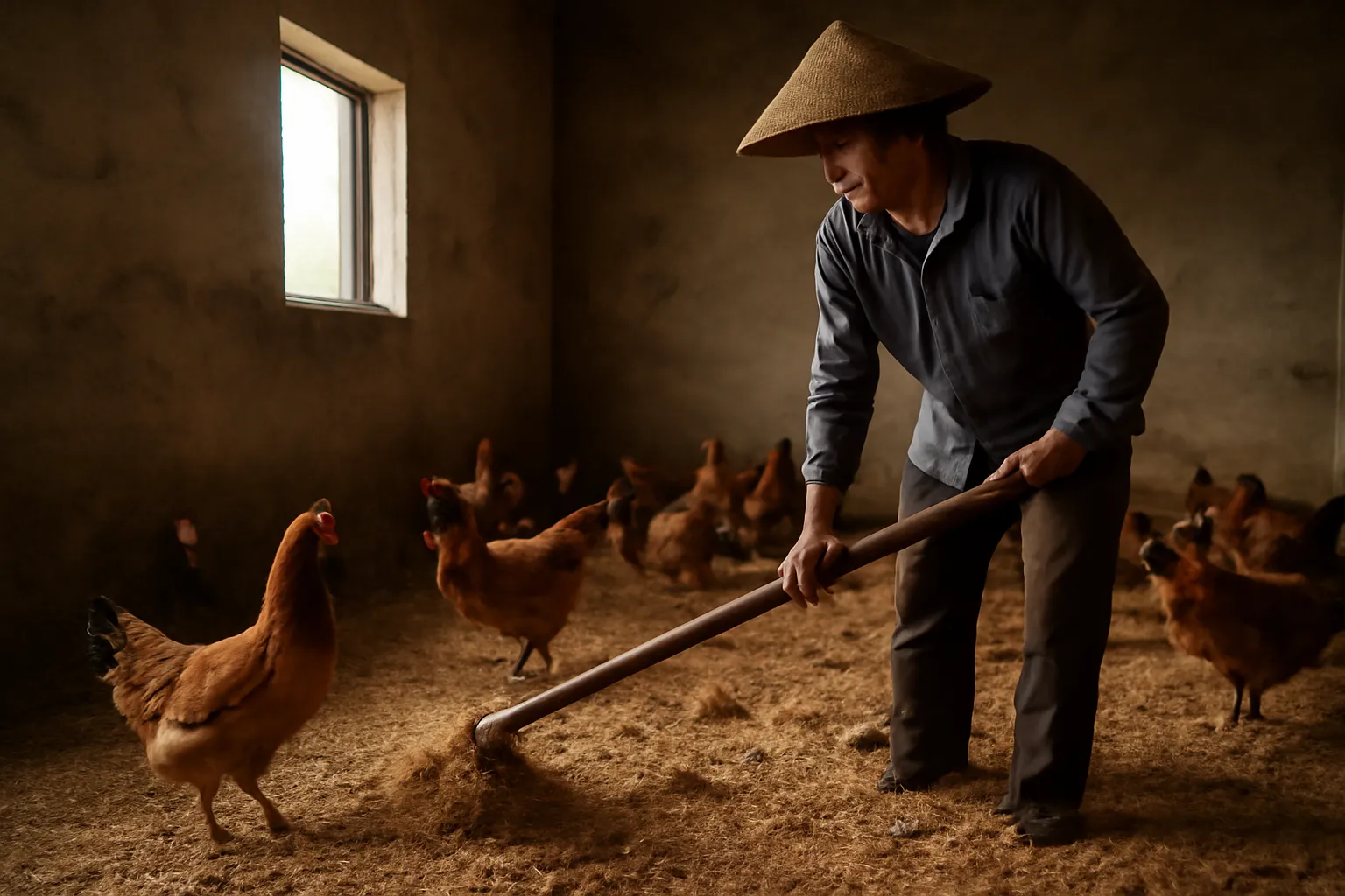 Người đảo lớp đệm trấu mùn cưa trong chuồng gà bằng cào