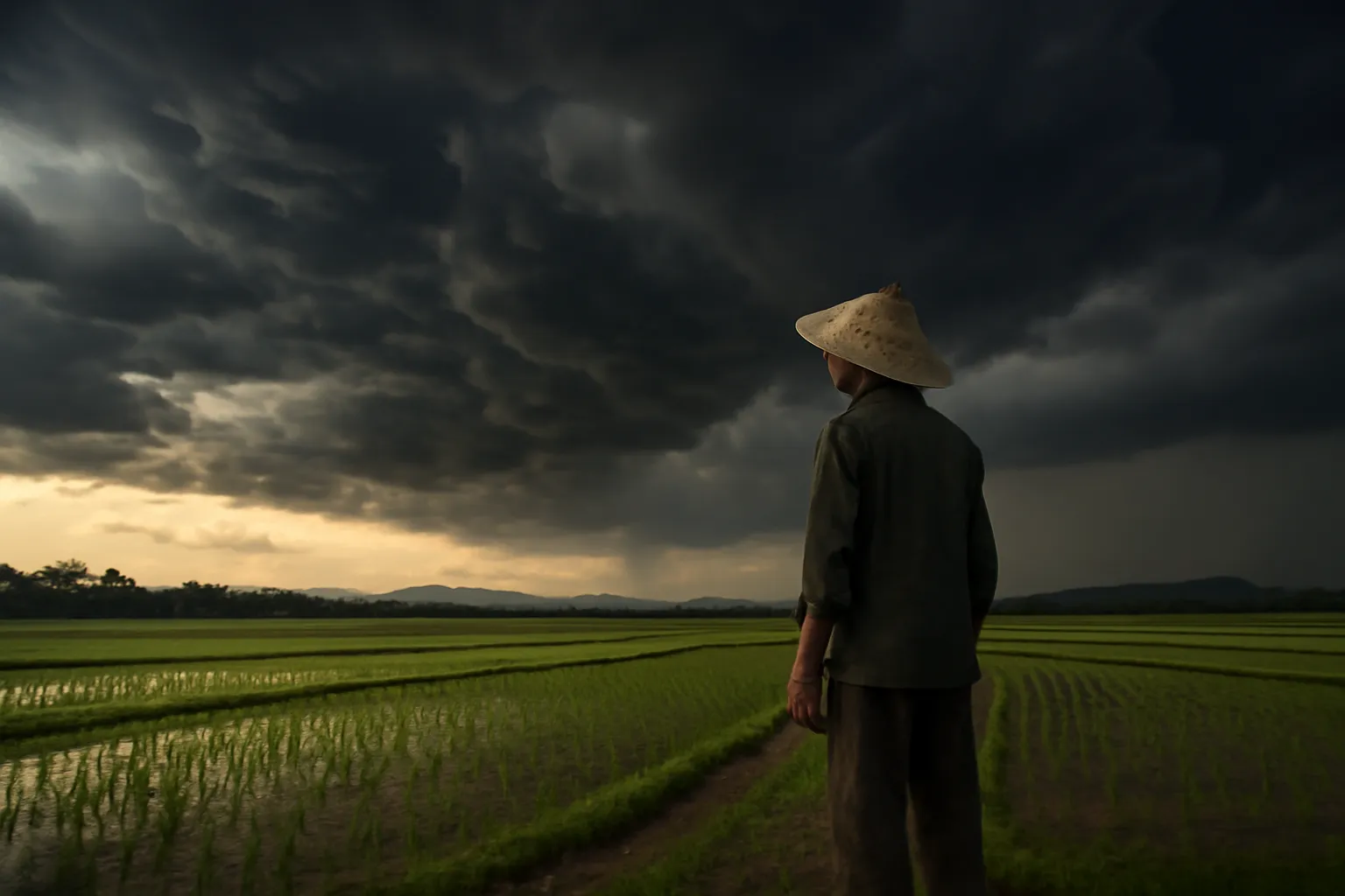 Nông dân đứng nhìn trời mây giông trên ruộng mạ buổi chiều