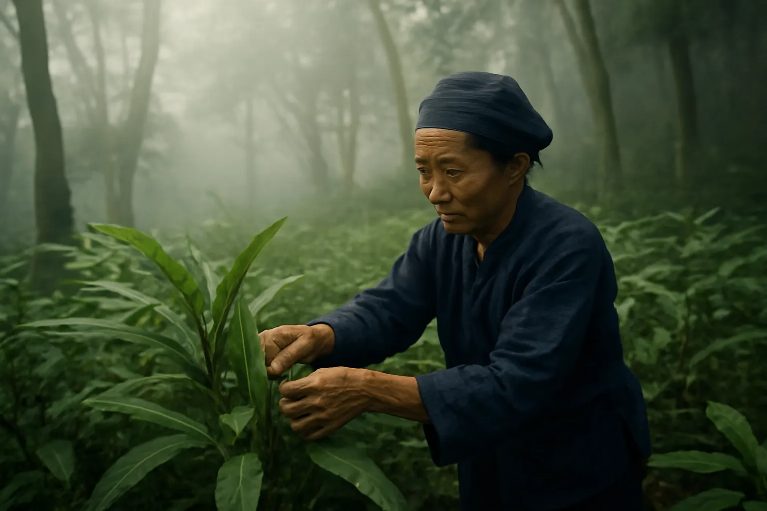 Cụ bà người Dao chăm luống sa nhân dưới tán rừng có sương mù