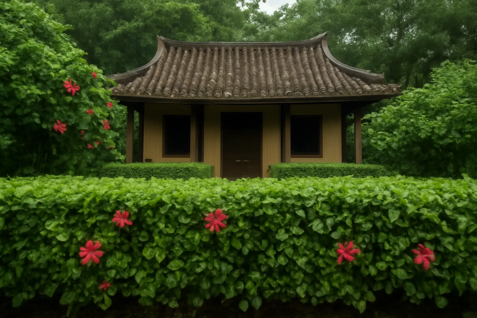 Hàng rào dâm bụt và chè tàu cắt tỉa gọn quanh vườn sau mưa