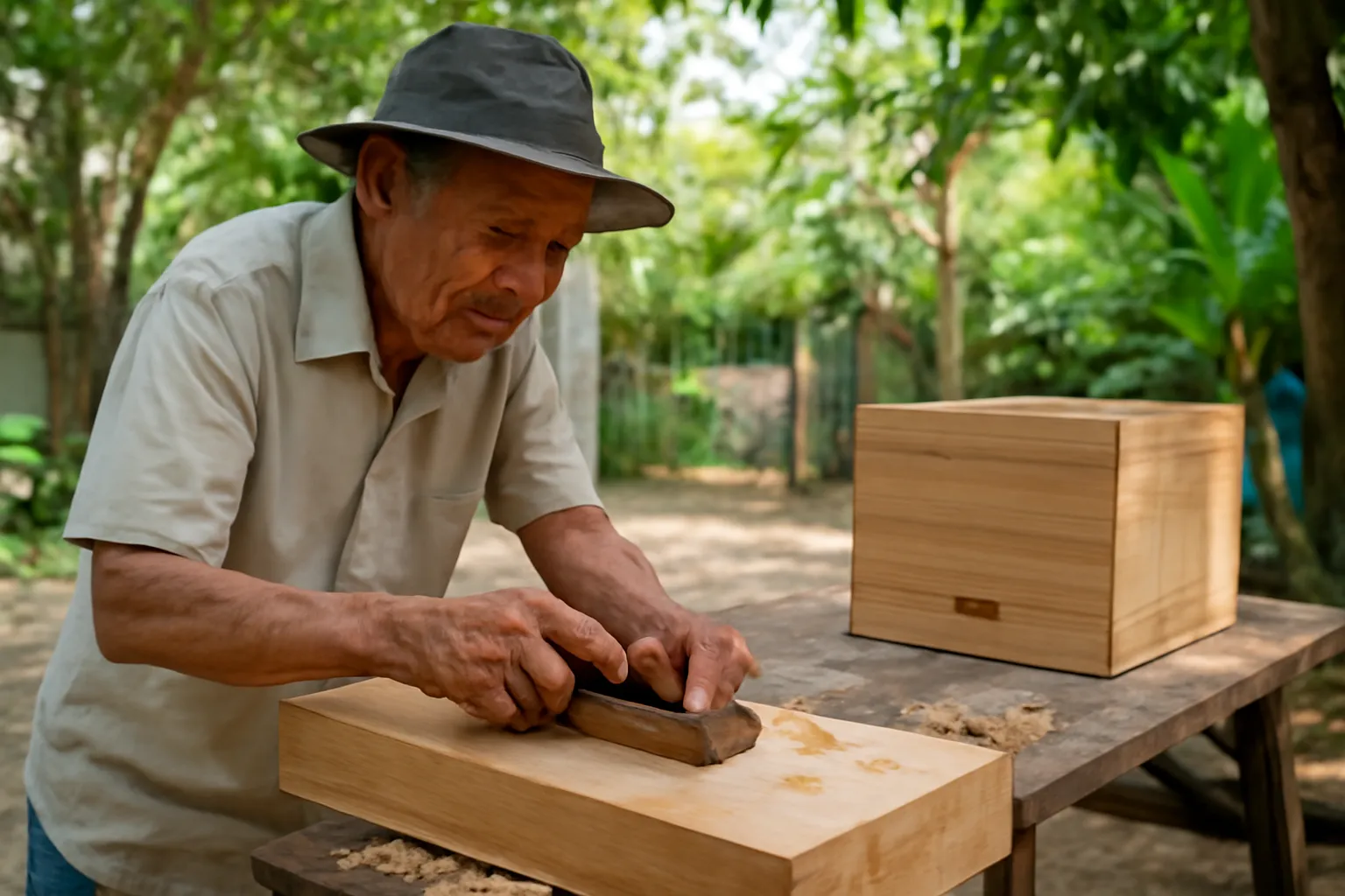 Thợ mộc lớn tuổi bào ván gỗ làm hộp nuôi ong dú ngoài sân