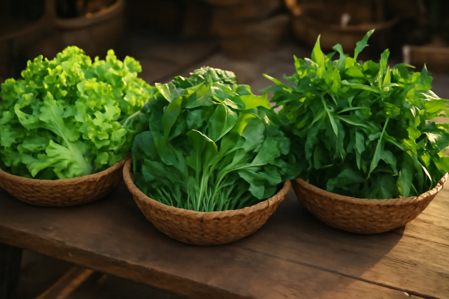 Ba rổ rau xanh đặt cạnh nhau trên bàn gỗ ở chợ quê