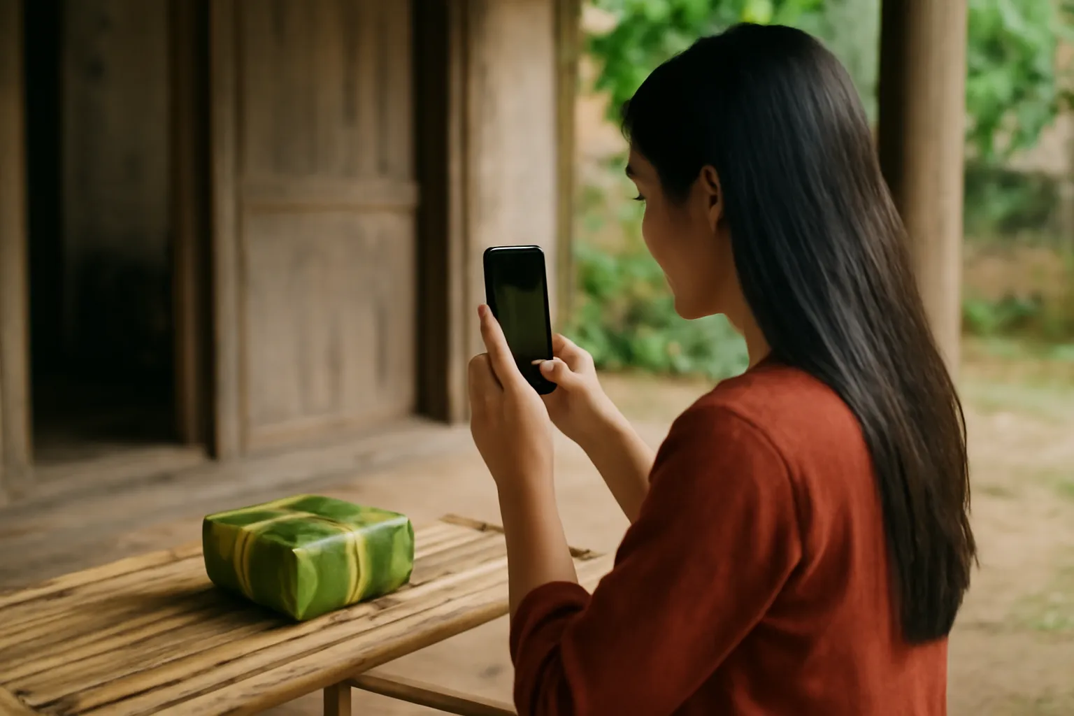 Người trẻ chụp ảnh gói hàng bọc lá chuối trên chõng tre