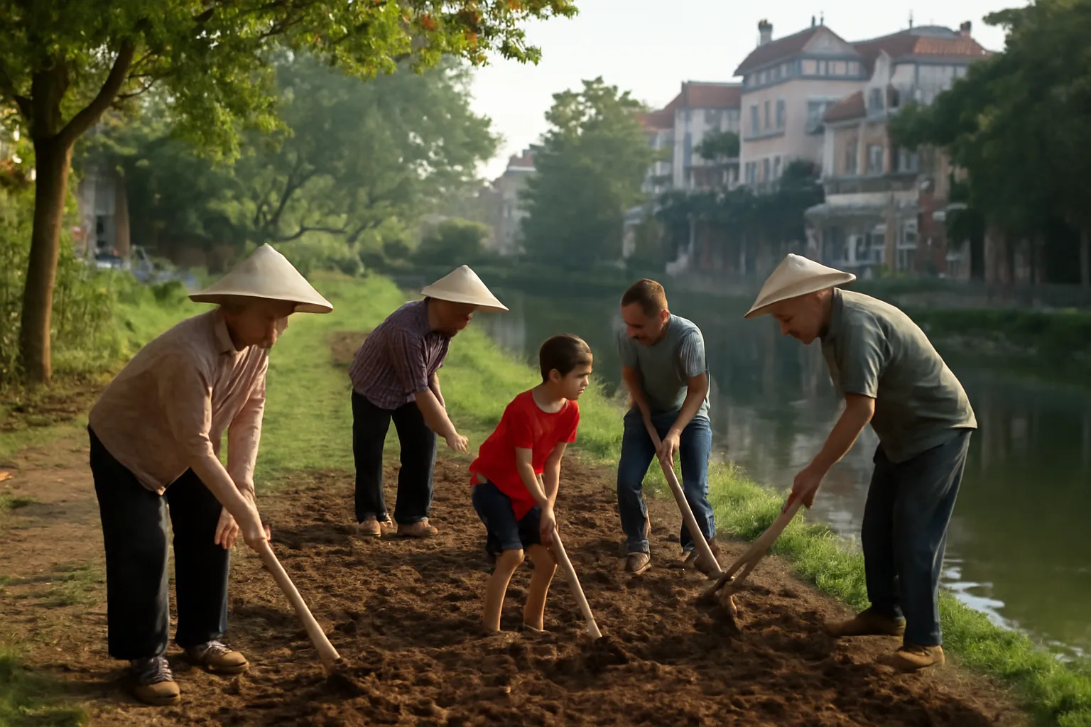 Nhóm hàng xóm cuốc luống trên bãi đất trống ven kênh buổi sáng