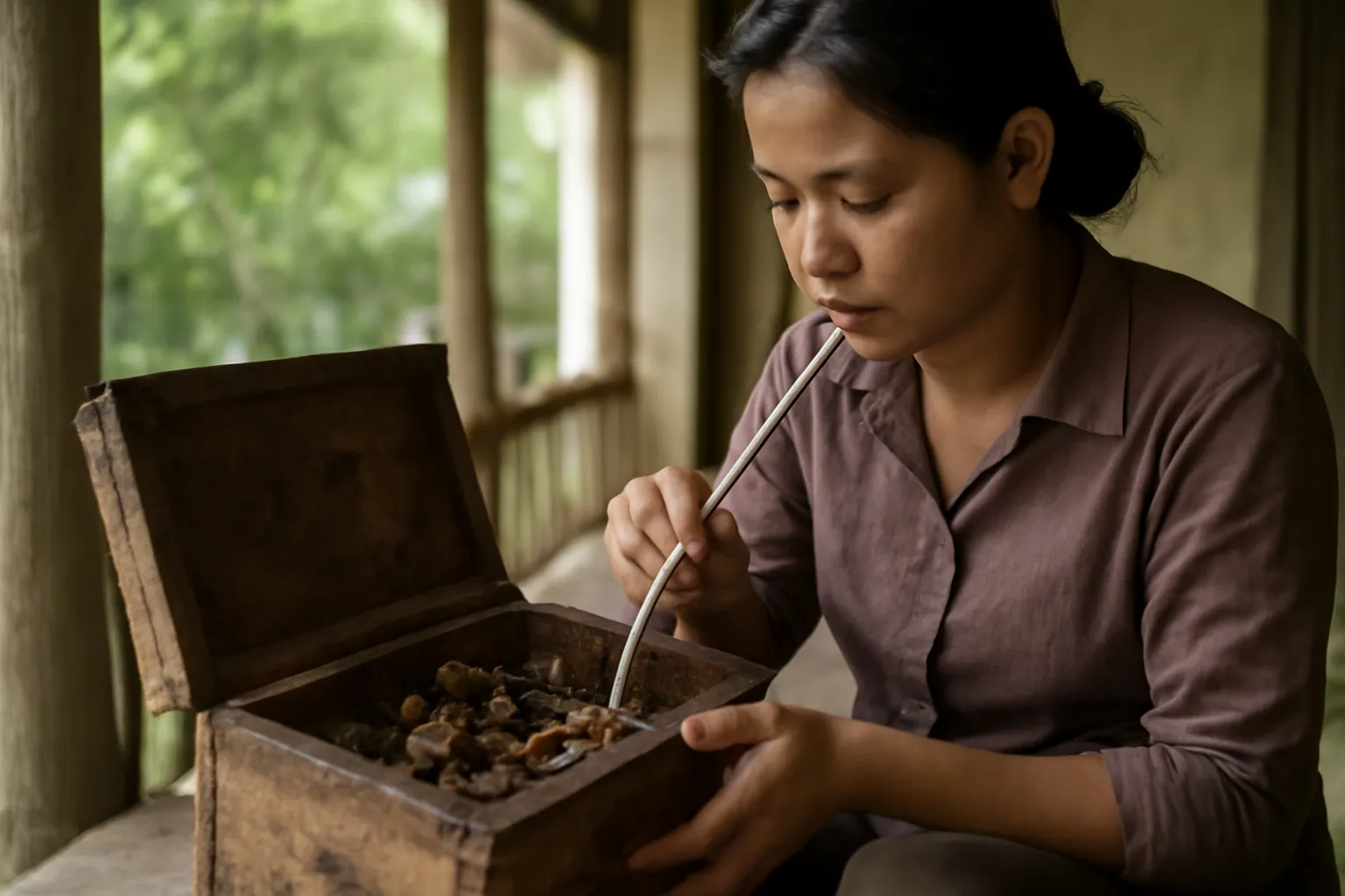 Người phụ nữ dùng ống hút lấy mật từ bình sáp trong hộp ong dú
