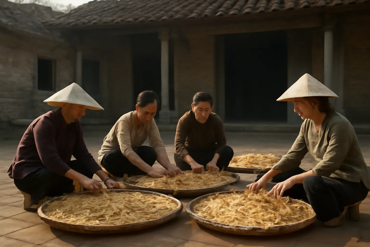 Nhóm phụ nữ phân loại măng khô trên nong tre ở sân nhà văn hoá