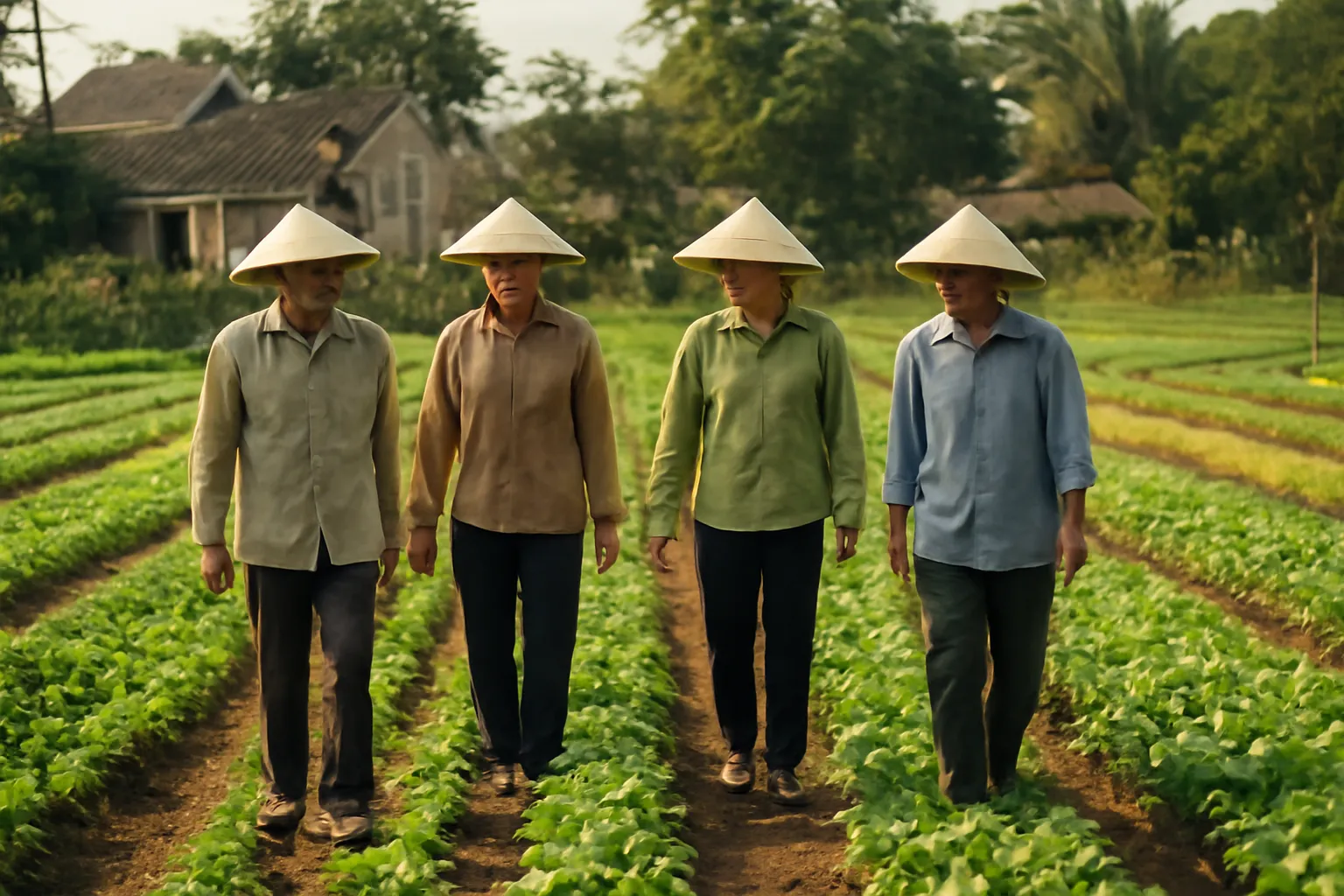 Nhóm nông dân đi kiểm tra chéo luống rau của một thành viên