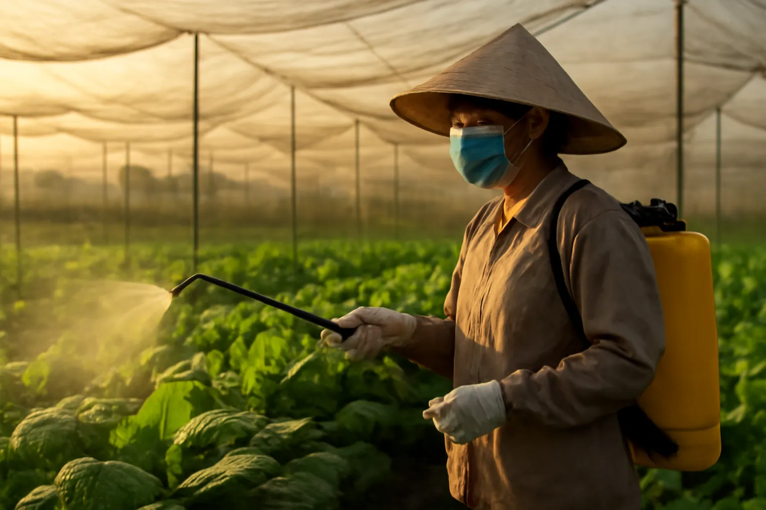 Người đeo khẩu trang phun chế phẩm sinh học trong nhà lưới lúc chiều