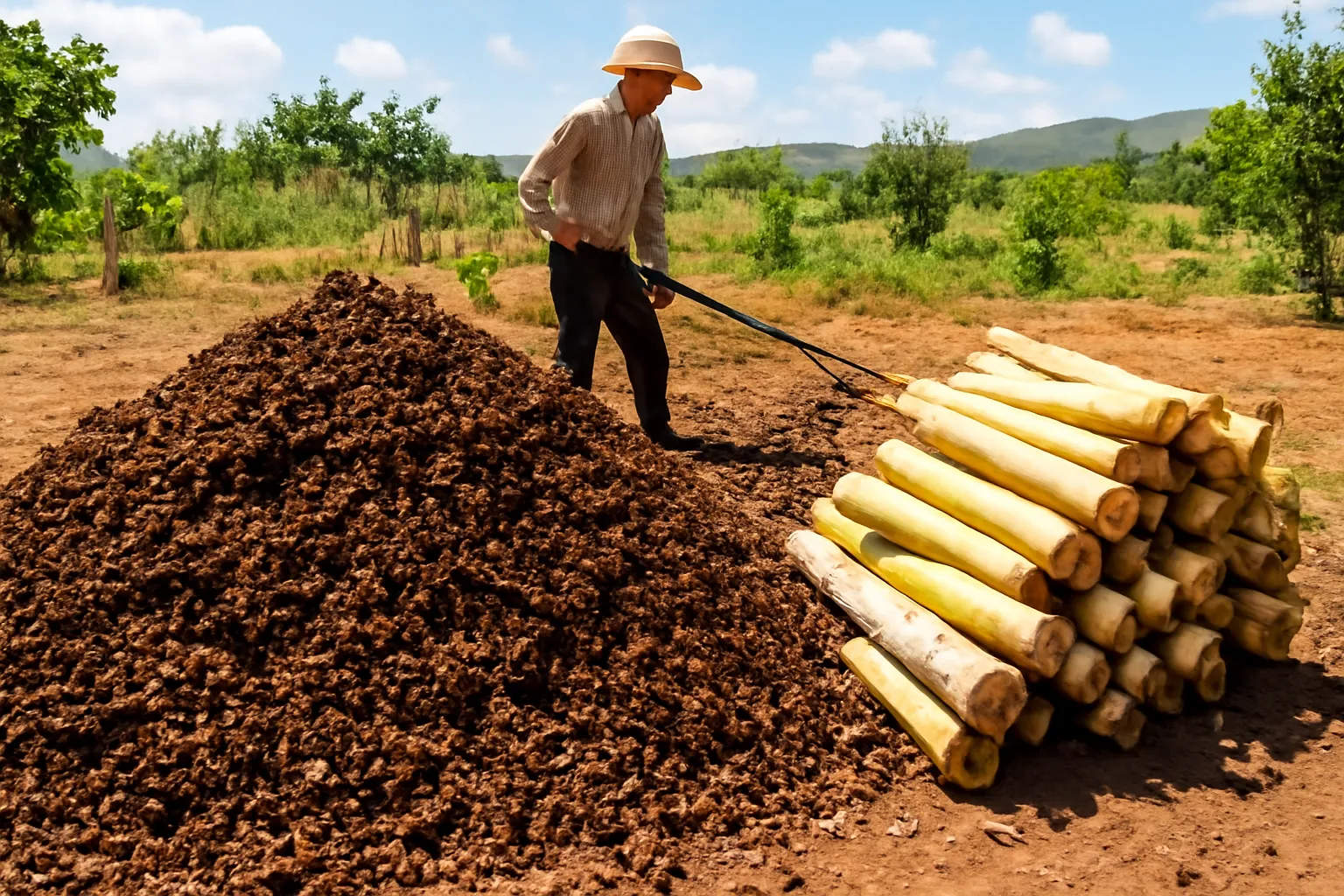 Đống vỏ cà phê cạnh thân chuối băm nhỏ ở góc nông trại