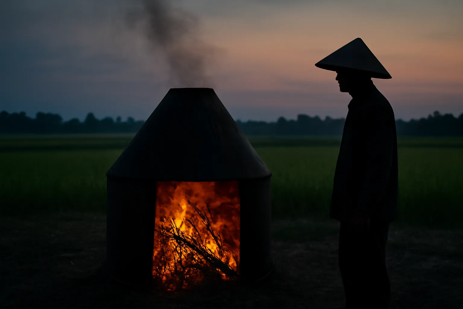 Lò hở hình nón đang đốt vỏ trấu làm than sinh học lúc chạng vạng