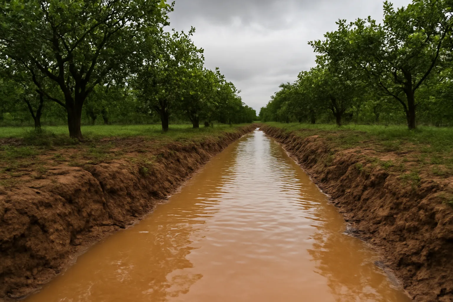 Rãnh thoát nước giữa hai hàng cây còn đọng nước sau trận mưa