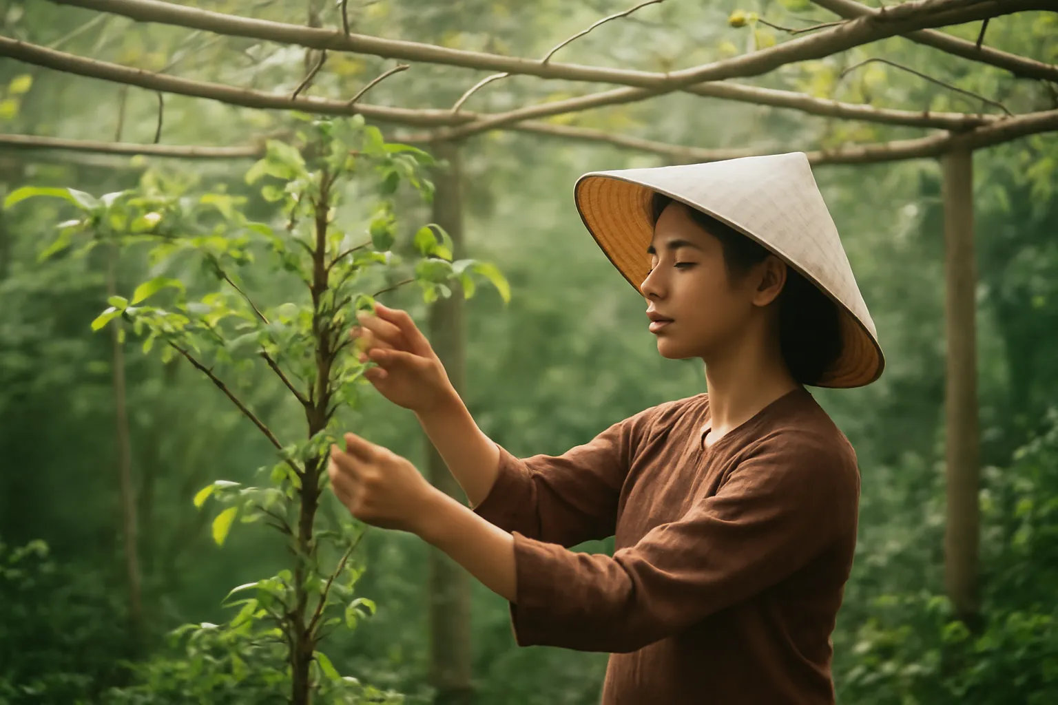 Người phụ nữ hái ngọn rau sắng non dưới giàn tre trong vườn