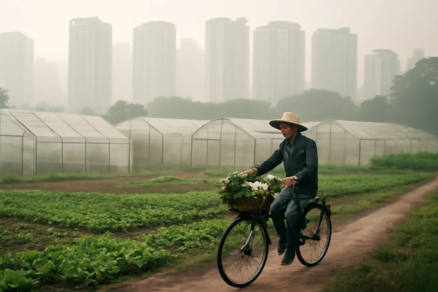 Nhà màng nhỏ cạnh khu đô thị mới, người chở rau bằng xe đạp
