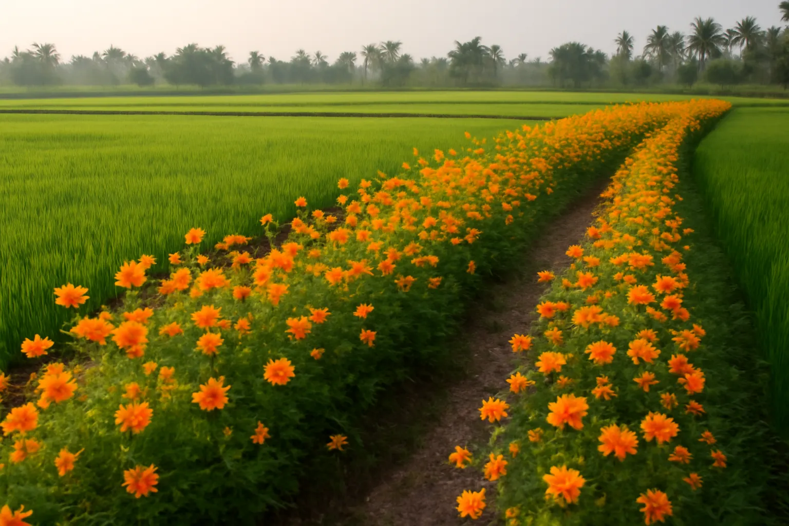 Bờ ruộng lúa xanh trồng hoa sao nhái vàng buổi sáng