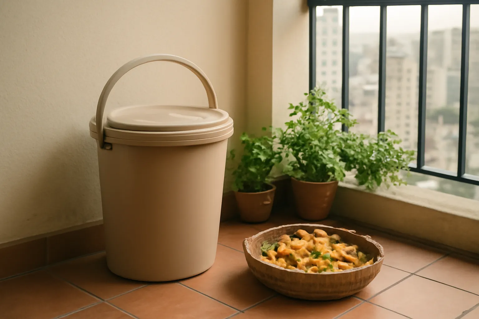 Xô ủ nắp kín đặt ở góc lô gia chung cư cạnh rổ vỏ rau