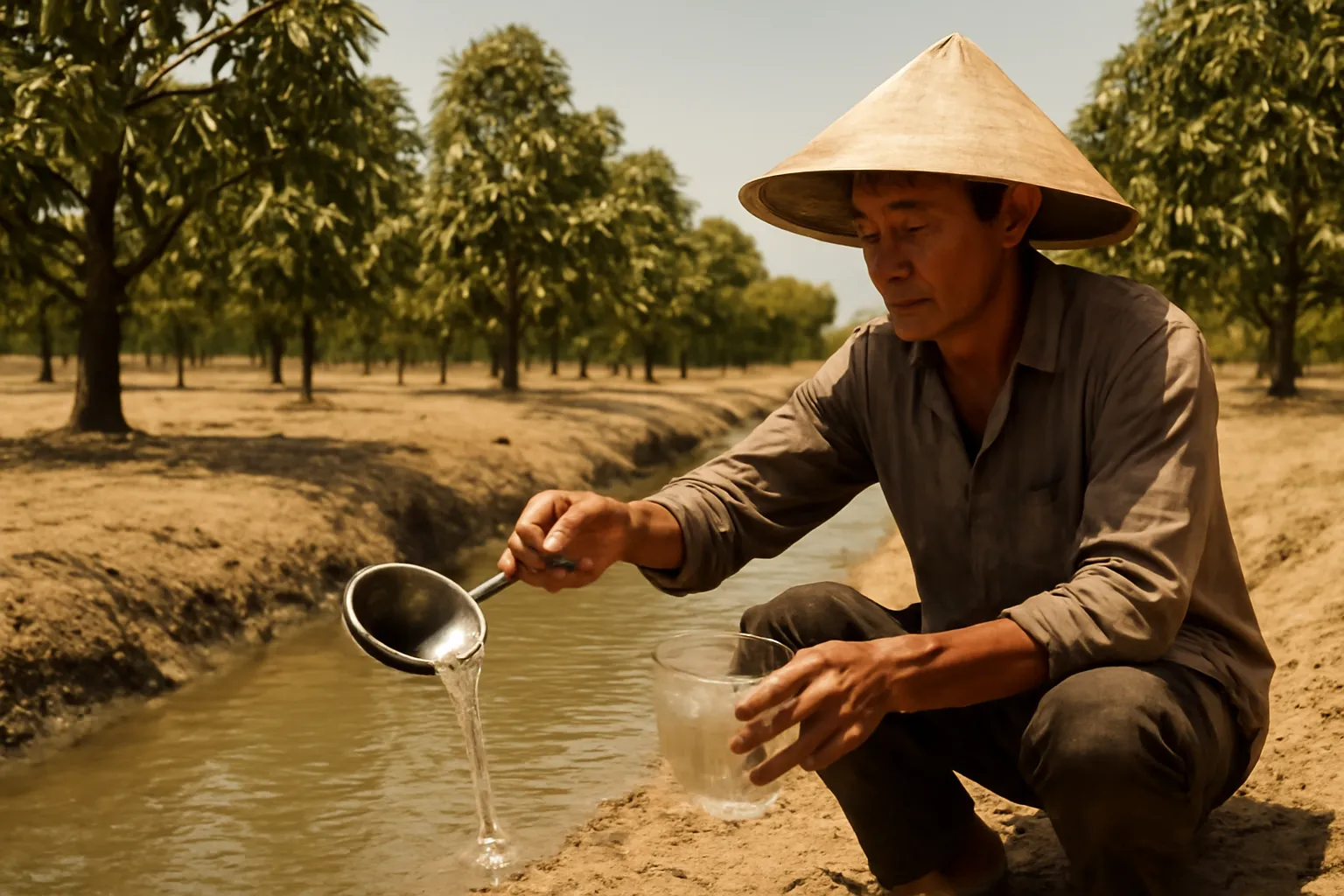Người đàn ông múc nước mương thử độ mặn trong vườn sầu riêng