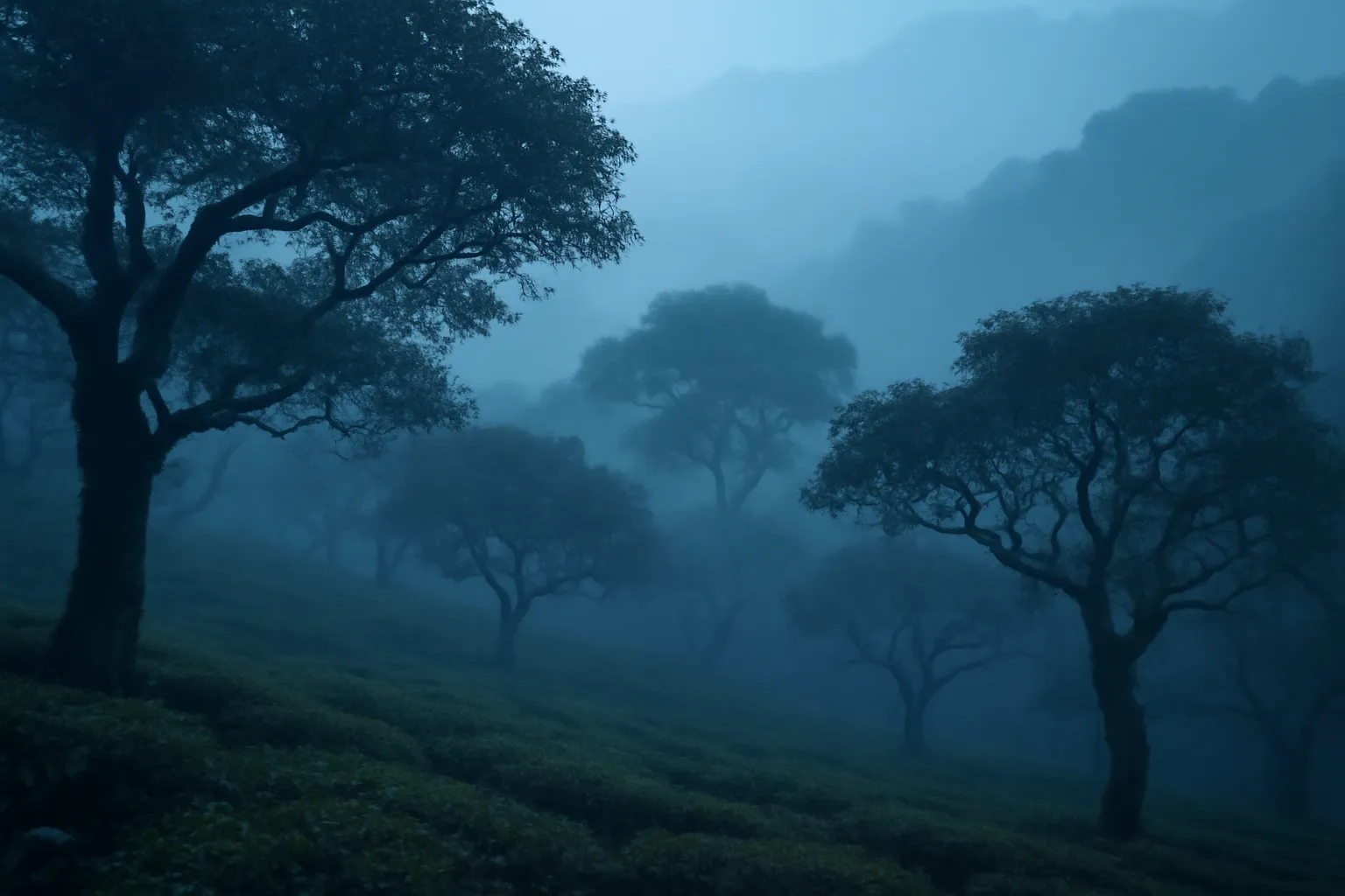 Sương mù phủ đồi chè Shan tuyết cổ thụ lúc sáng sớm